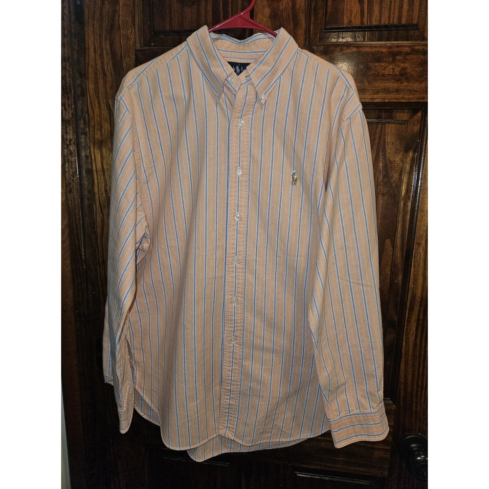 Ralph Lauren Mens Striped Dress Shirt 17 34/35 Classic Fit Orange Blue LS
